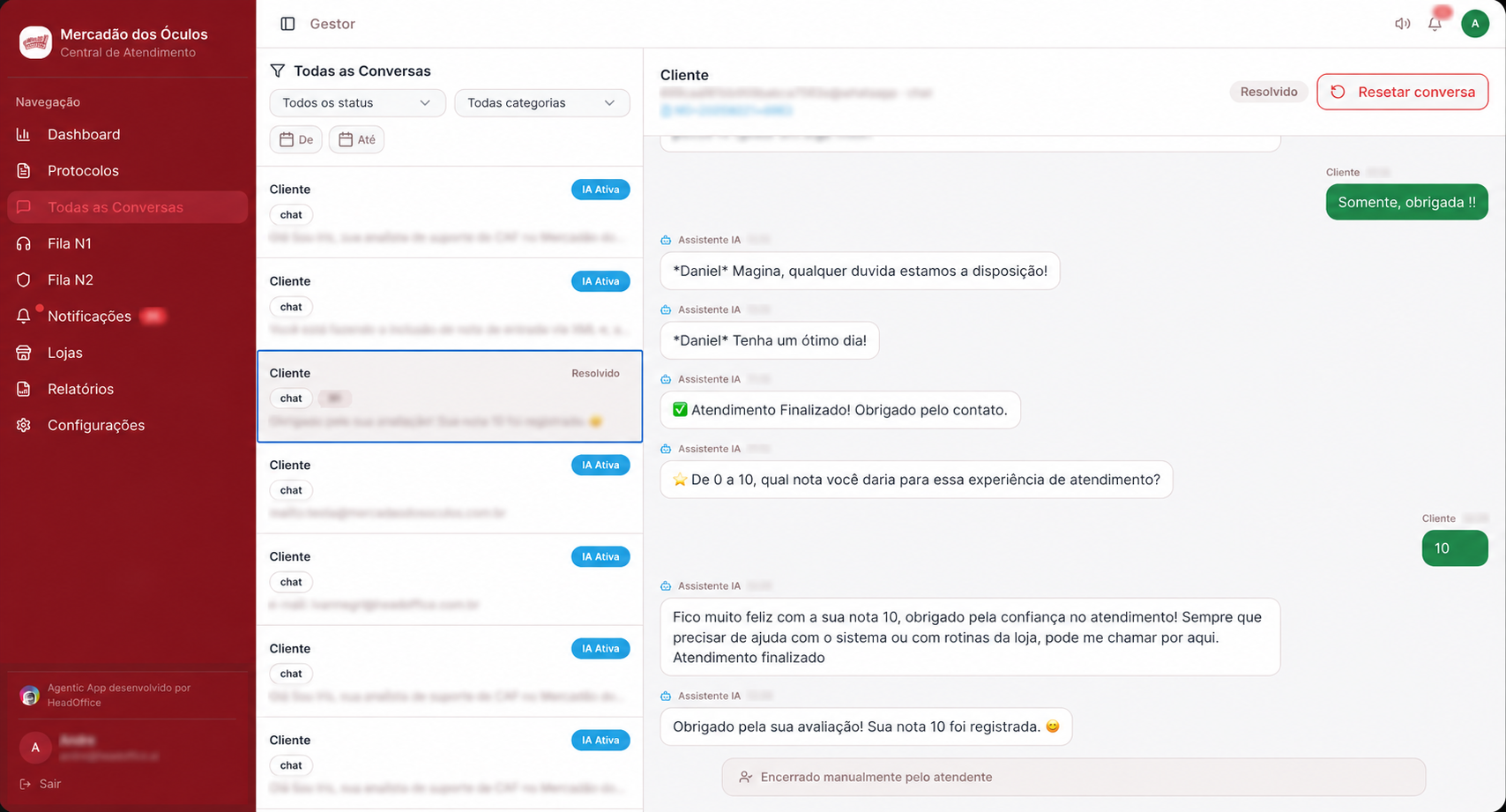Conversas de franqueados atendidas pelo IAgente Iris na plataforma HeadOffice