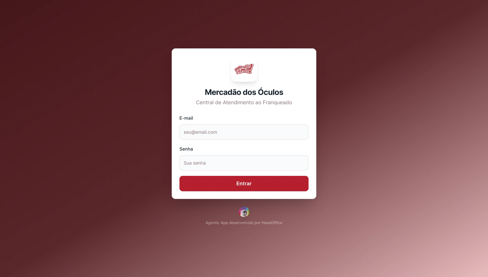 Tela de acesso da Central de Atendimento ao Franqueado do Mercadão dos Óculos